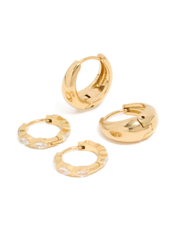 Waterproof Gold Plated Stainless Steel Chunky Oval Cubic Zirconia Clicker Earrings 2-Pack
