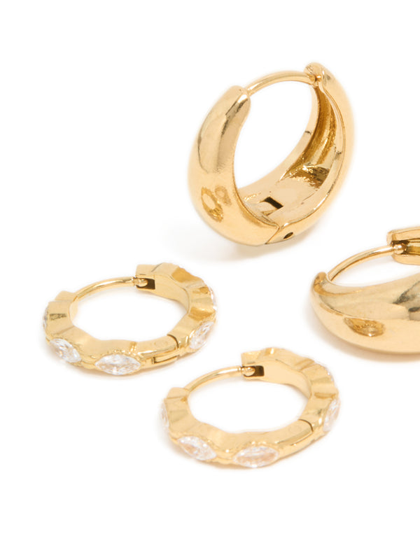 Waterproof Gold Plated Stainless Steel Chunky Oval Cubic Zirconia Clicker Earrings 2-Pack