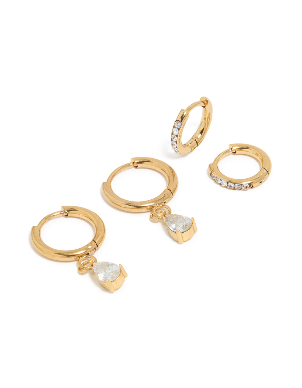 Elegant waterproof gold plated stainless steel huggie earrings in a 2-pack with pear cut cubic zirconia front view