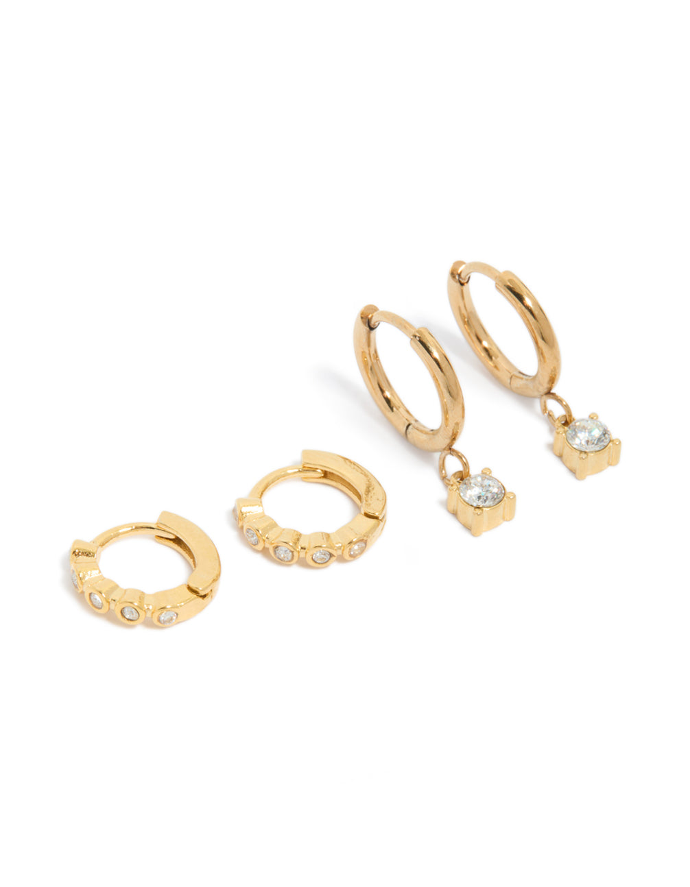Discover waterproof bezel diamante huggie earrings in a 2-pack, crafted from stainless steel with gold plating in a front view
