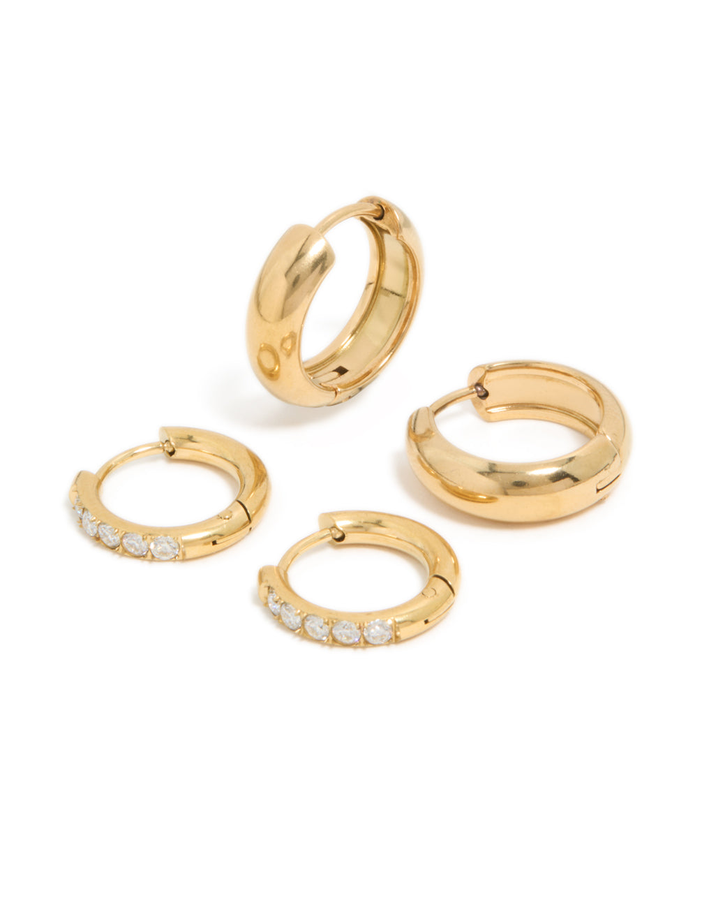 Beautifully crafted waterproof gold plated stainless steel cubic zirconia chubby huggie earrings in a 2-pack featuring chunky style with crystal embellishments in a front view