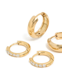 Waterproof Gold Plated Stainless Steel Cubic Zirconia Chubby Huggie Earrings 2-Pack - link has visual effect only