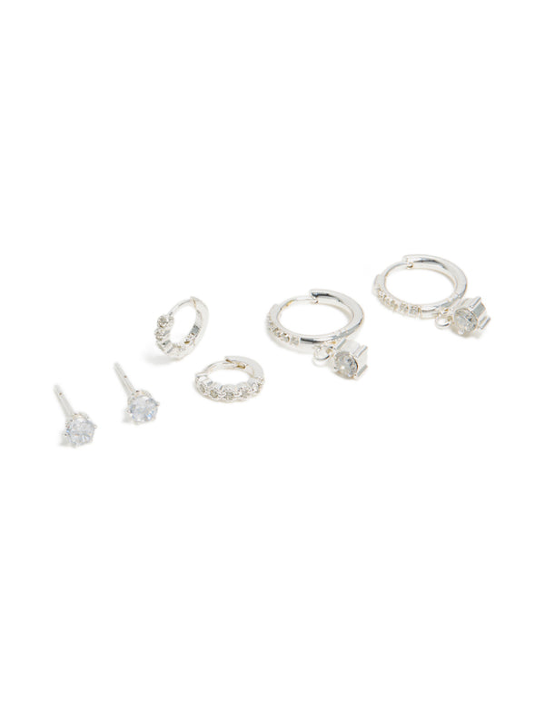 Elegant waterproof stainless steel cubic zirconia stud and huggie earrings 3-pack featuring charm in silver white front