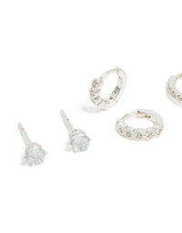 Showcasing waterproof stainless steel cubic zirconia stud and huggie earrings in a 3-pack with charm silver white detail - link has visual effect only