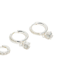 Showcasing waterproof stainless steel cubic zirconia stud and huggie earrings in a 3-pack with charm silver white detail - link has visual effect only
