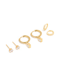 Waterproof Gold Plated Stainless Steel Cubic Zirconia Stud & Huggie  Earrings 3-Pack - link has visual effect only