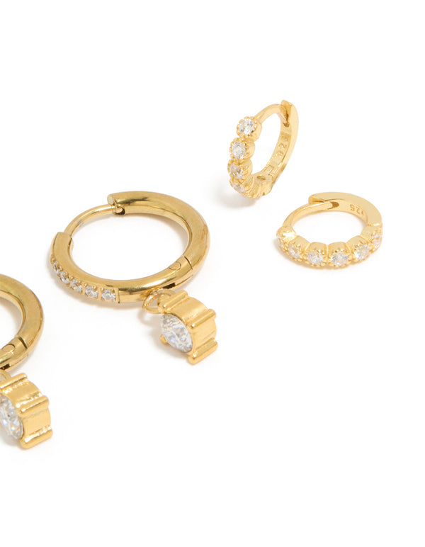 Waterproof Gold Plated Stainless Steel Cubic Zirconia Stud & Huggie  Earrings 3-Pack