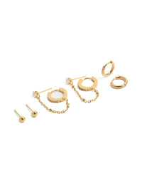 Showcasing waterproof gold plated stainless steel studs and chain earrings 4-pack featuring charm details with cubic zirconia, huggie closures in white front view - link has visual effect only