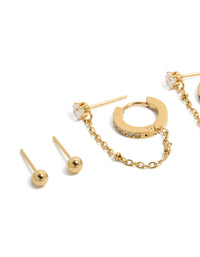 Elegant waterproof gold plated stainless steel studs and chain earrings 4-pack crafted with charm accents, cubic zirconia, huggie closures in white close up view - link has visual effect only