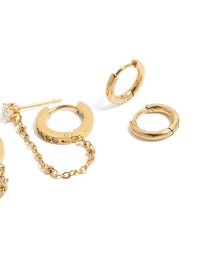 Designed with waterproof gold plated stainless steel studs and chain earrings 4-pack featuring charm details, cubic zirconia, huggie closures in white side detail view - link has visual effect only