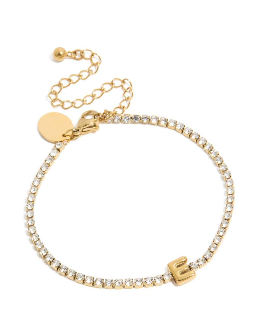 Showcasing a waterproof tennis bracelet with initial letter E, crafted from gold plated stainless steel and featuring cubic zirconia in front view