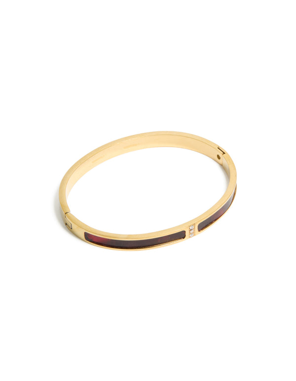 Waterproof Gold Plated Stainless Steel Dark Red Pearlised Inlay Hinged Bangle