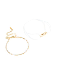 Elegant waterproof gold plated stainless steel cubic zirconia tennis and white cord bracelet set front view - link has visual effect only