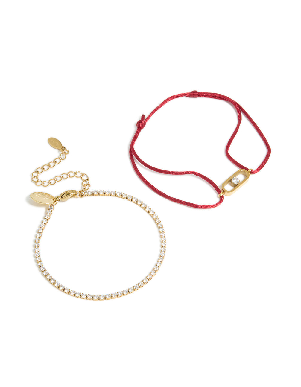 Waterproof Stainless Steel Cubic Zirconia Tennis & Red Cord Bracelet Set