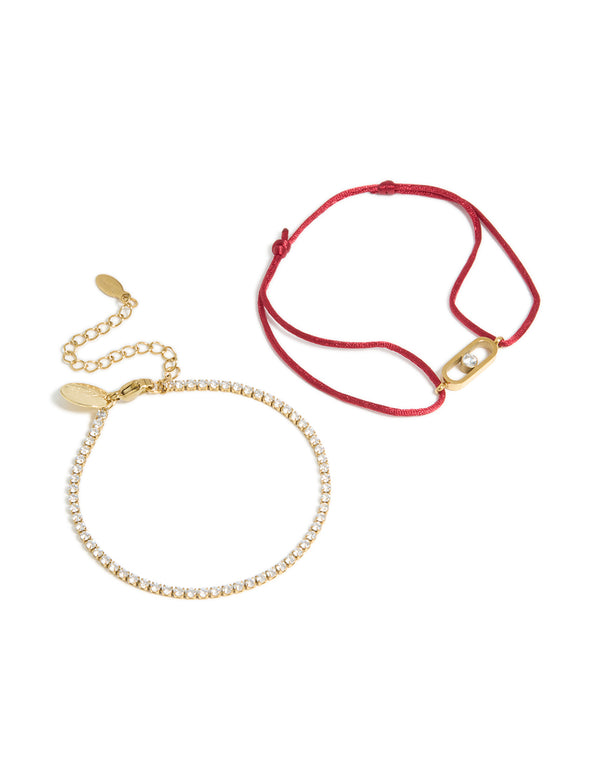 Waterproof Stainless Steel Cubic Zirconia Tennis & Red Cord Bracelet Set