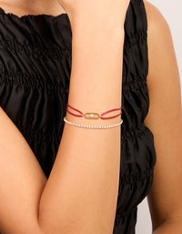 Waterproof Stainless Steel Cubic Zirconia Tennis & Red Cord Bracelet Set - link has visual effect only