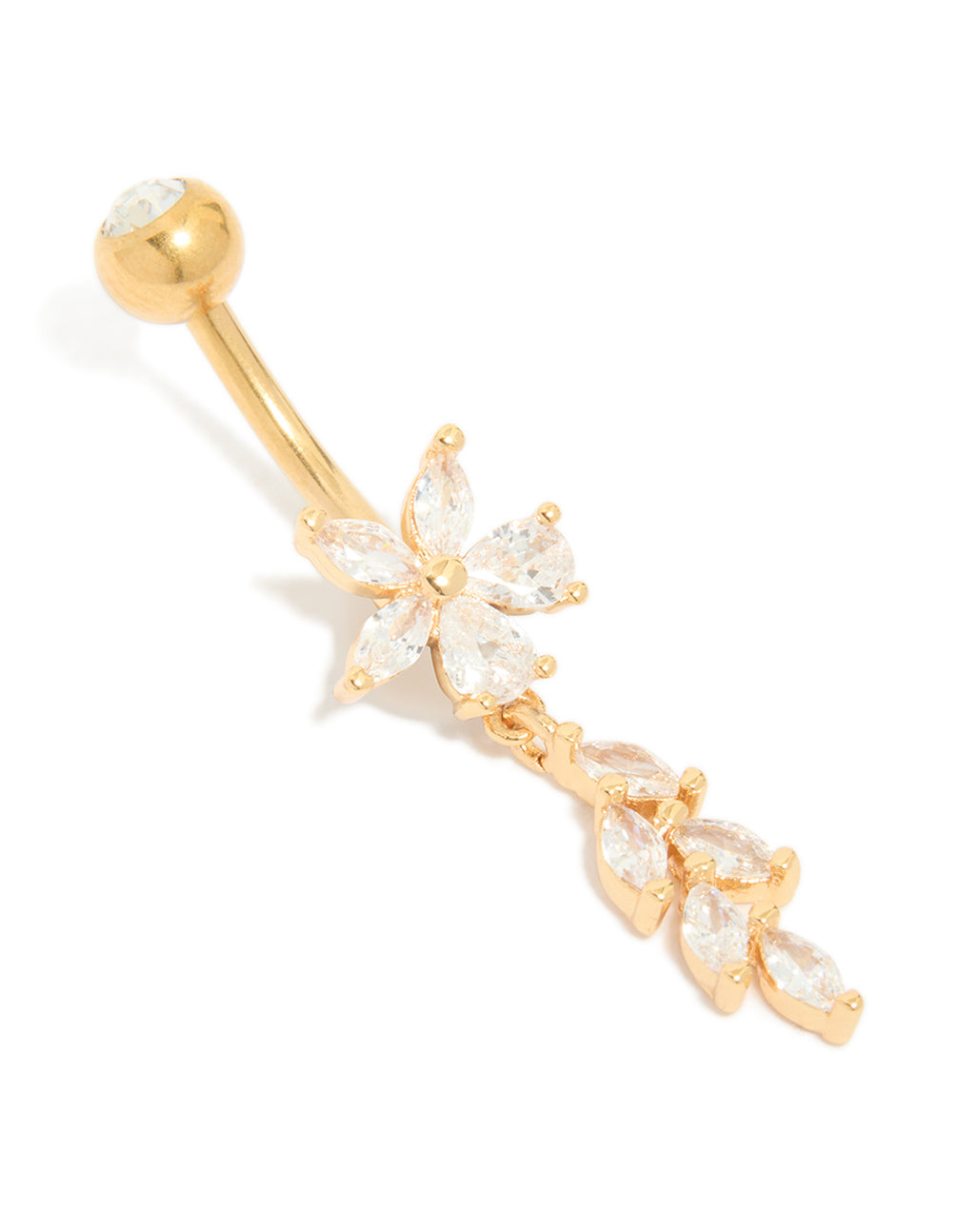 Featuring a gold plated titanium belly bar with floral cubic zirconia with charm vine design front view