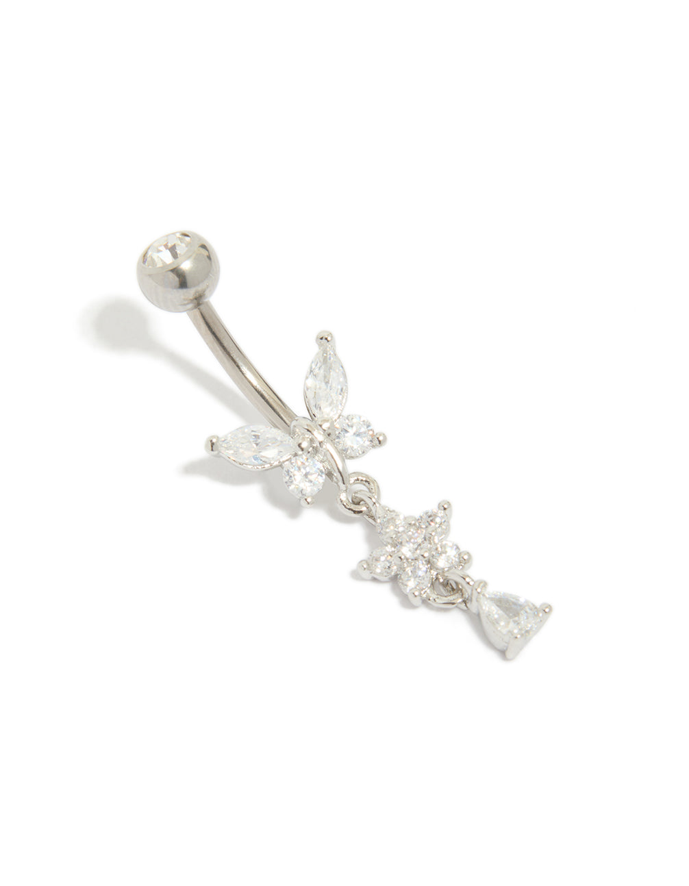 Discover a titanium cubic zirconia butterfly and flower belly bar featuring balls in silver front view