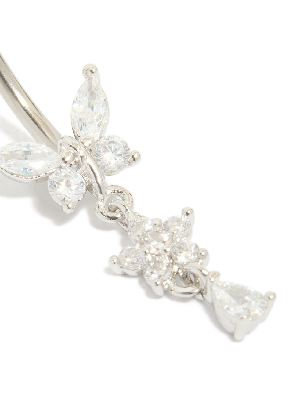Crafted from titanium, this cubic zirconia butterfly and flower belly bar with balls showcases charm design in silver close up view