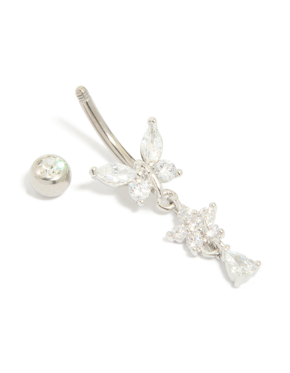 Featuring a titanium cubic zirconia butterfly and flower belly bar with balls and charm in silver detail view