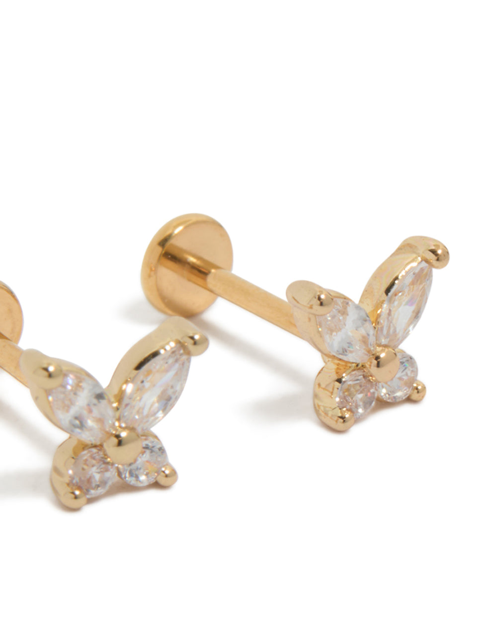 Elegant butterfly stud earrings in gold plated titanium with cubic zirconia stones and flat back closure in a post detail view