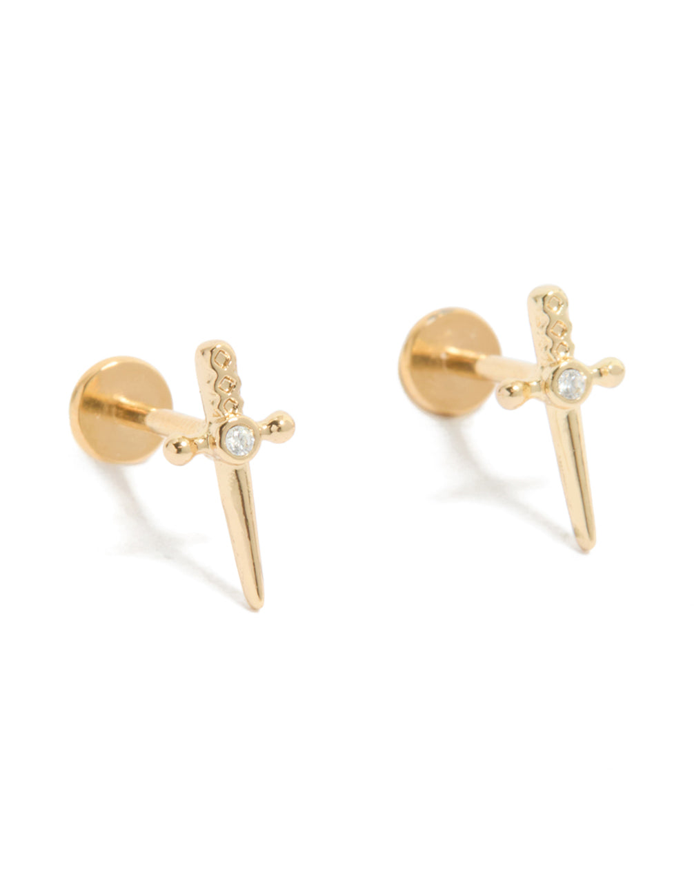 Showcasing statement stud earrings in dagger shape, crafted from titanium with a polished finish, featuring clear cubic zirconia stones and flat back closure in a front view