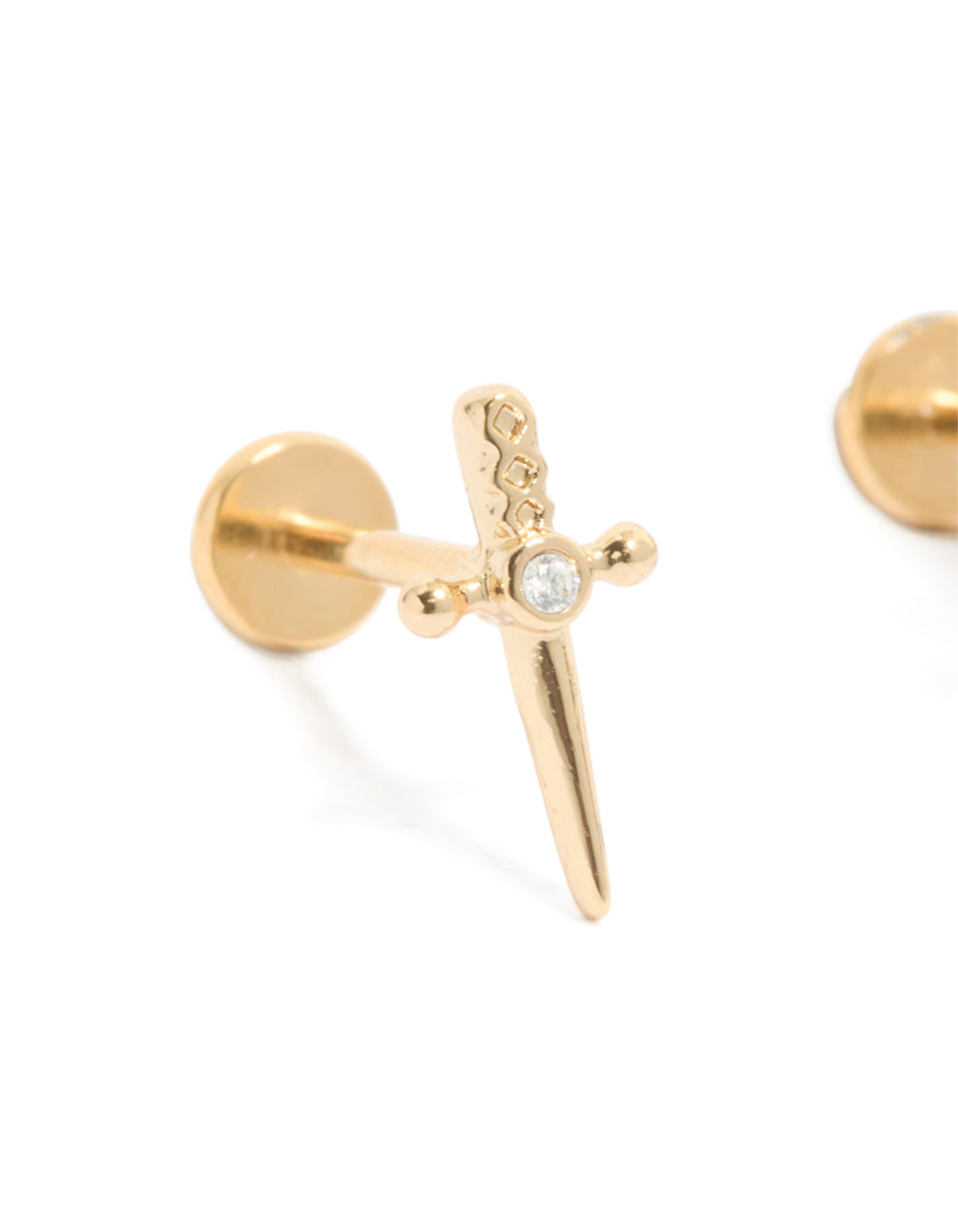 Featuring stud earring with dagger silhouette, made from gold plated titanium, with flat back and a sparkling cubic zirconia stone in a close up view