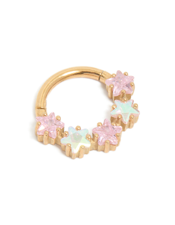 Gold Plated Surgical Steel Pink Cubic Zirconia Star Clicker Ring