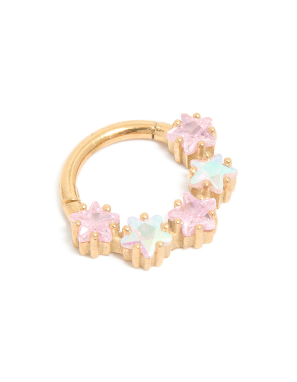 Gold Plated Surgical Steel Pink Cubic Zirconia Star Clicker Ring