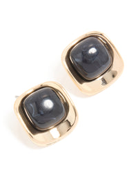 Gold Black Marble Stone Centre Square Stud Earrings - link has visual effect only