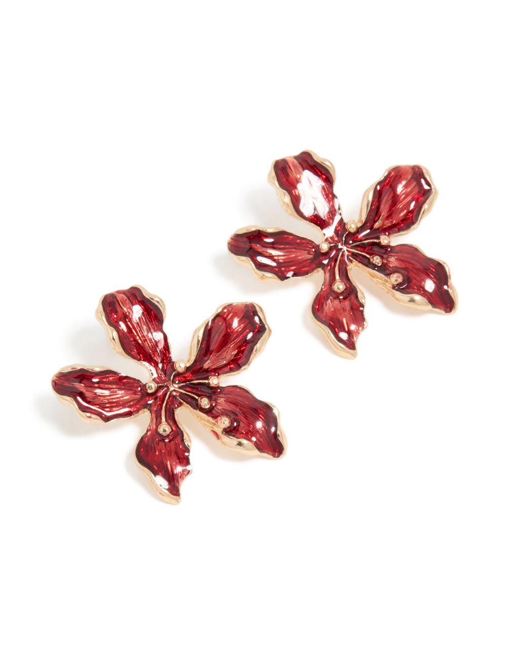 Gold Red Flower Stud Earrings