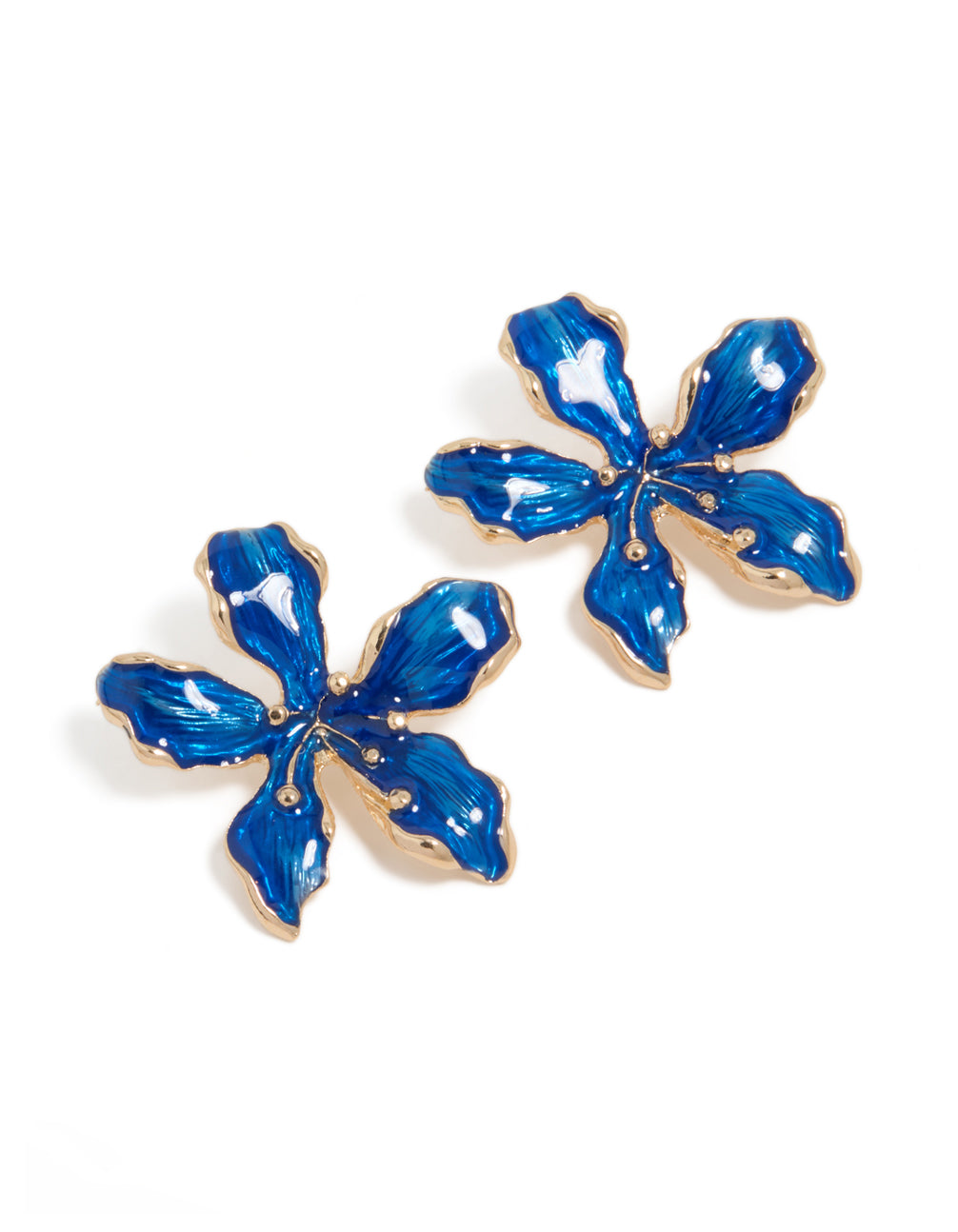Gold Dark Blue Flower Stud Earrings