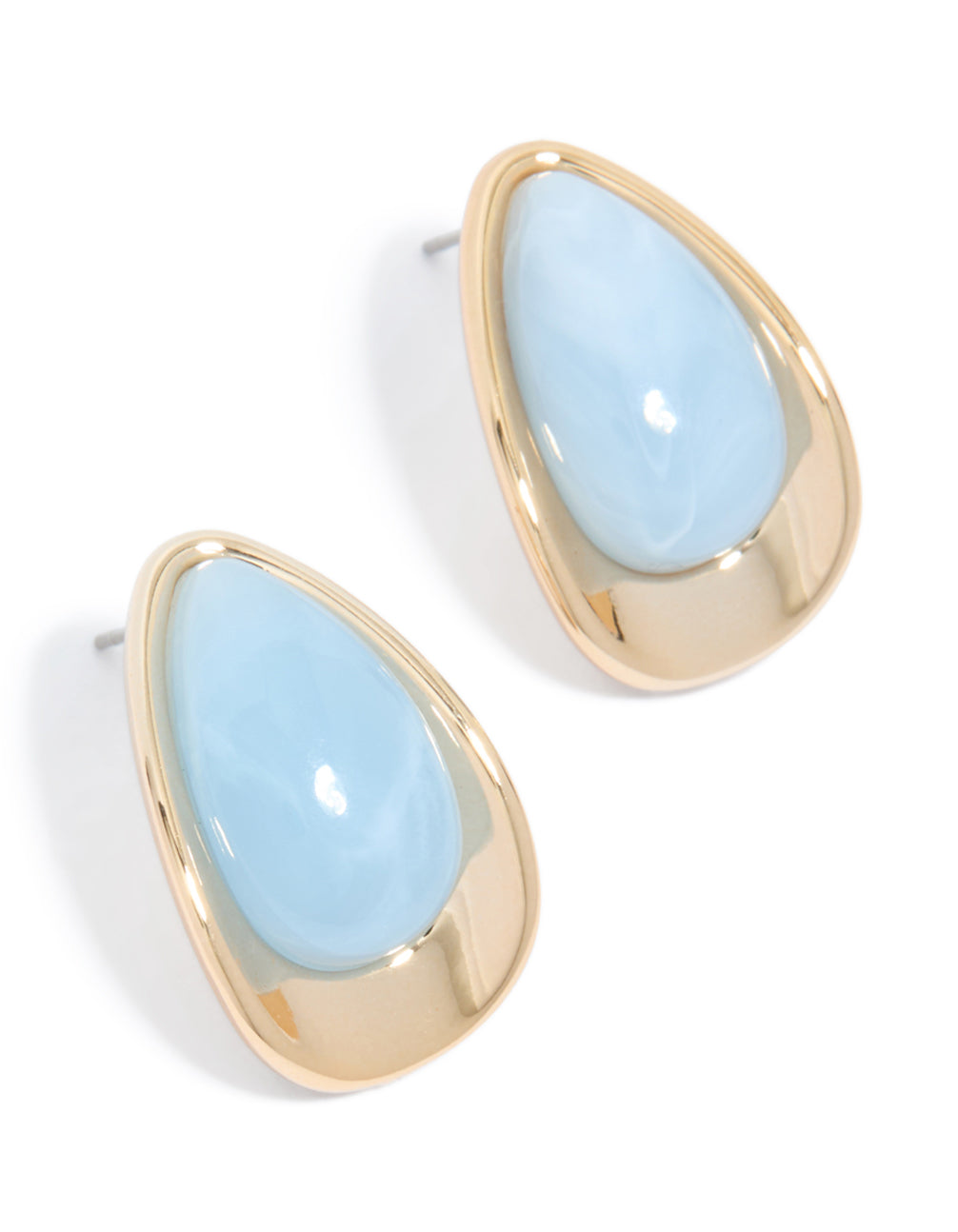 Gold Light Blue Beaded Pear Stud Earrings