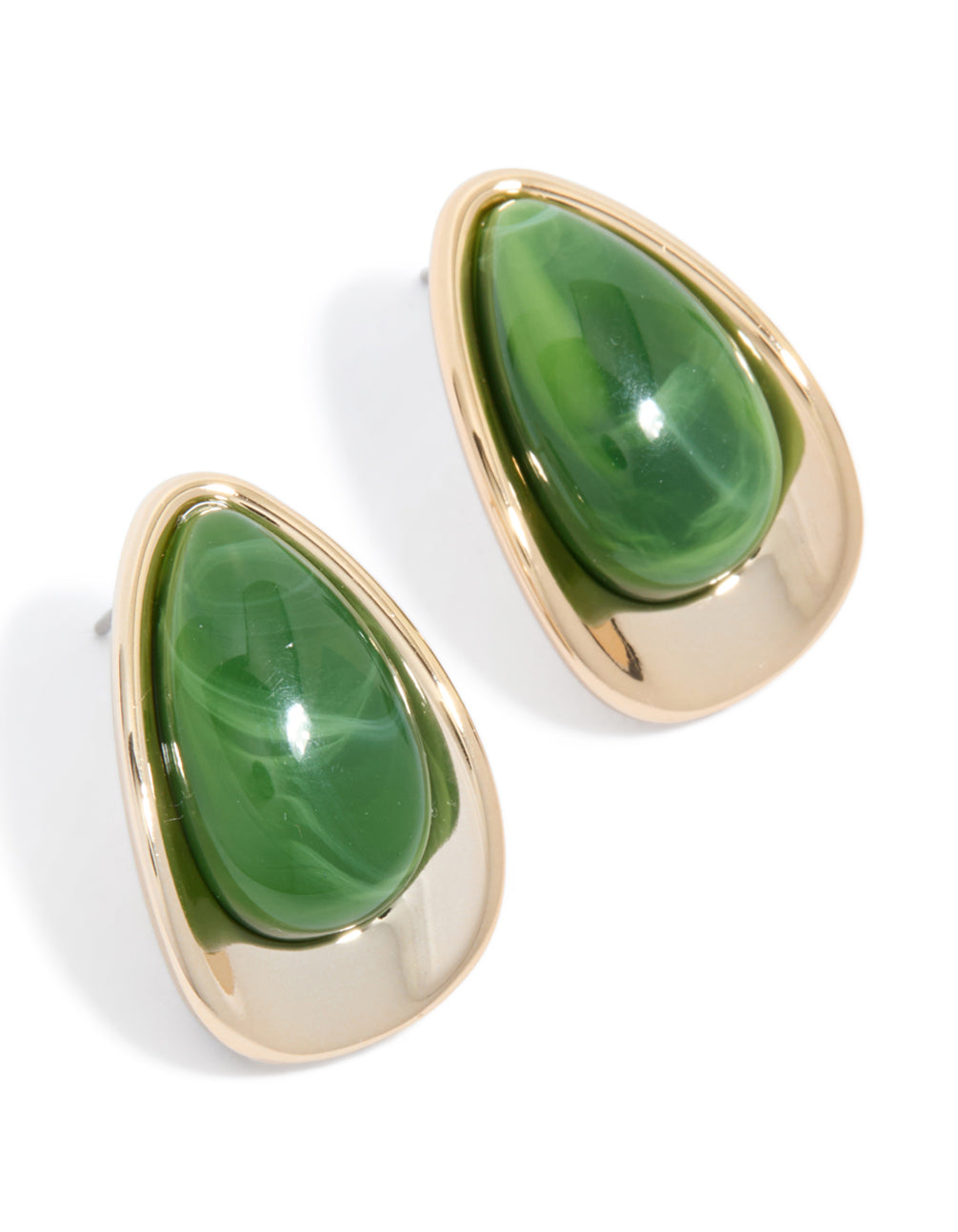 Gold Dark Green Beaded Pear Stud Earrings