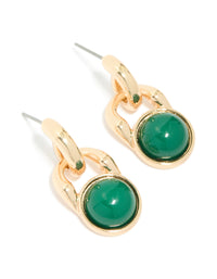 Gold Dark Green Stone Round Doorknocker Stud Earrings - link has visual effect only