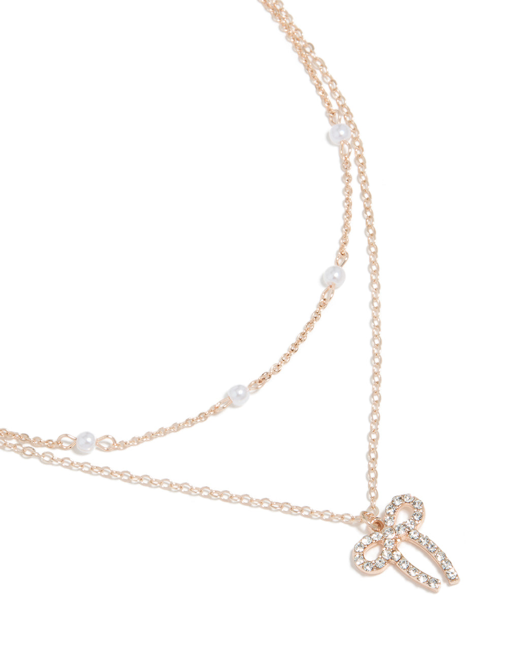 Rose Gold Pearl & Diamante Bow Layered  Necklace