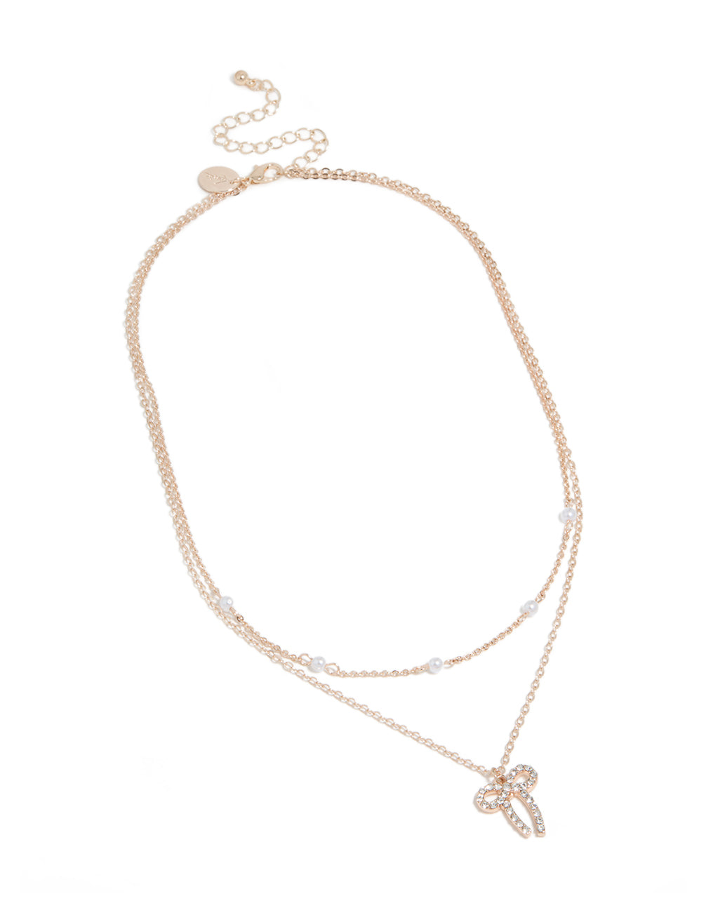 Rose Gold Pearl & Diamante Bow Layered  Necklace