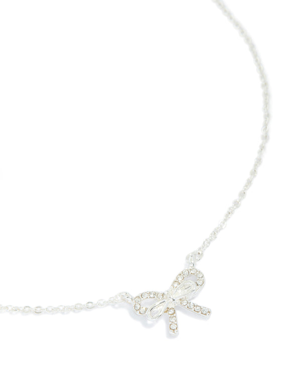 Silver Diamante Dainty Bow Necklace