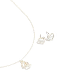 Silver Link Heart Diamante Necklace & Heart  Earrings Set - link has visual effect only