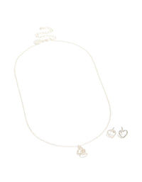 Silver Link Heart Diamante Necklace & Heart  Earrings Set - link has visual effect only