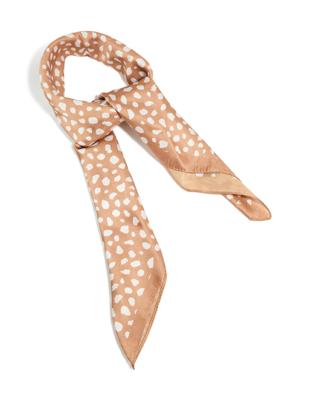 Discover a spotted deer print fabric scarf in tan and white side view