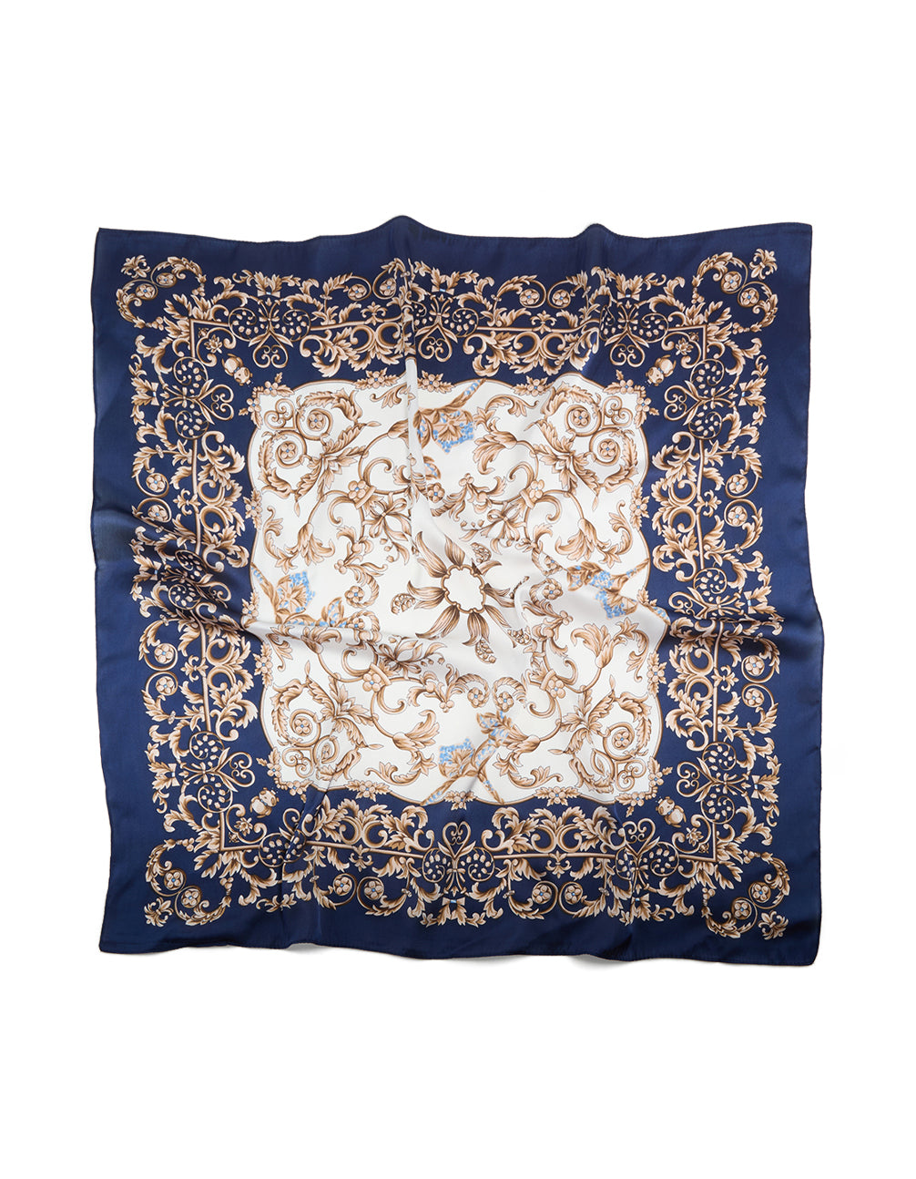 Showcasing a dark blue and white baroque flower polyester fabric scarf featuring leaf and floral patterns in navy, tan, and gold front view
