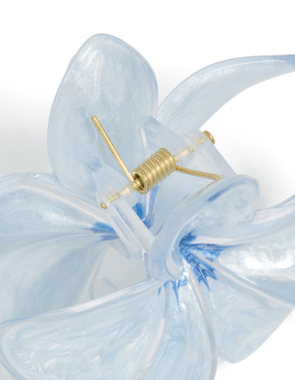 Explore this light blue clear edge frangipani flower claw clip with floral design detail view