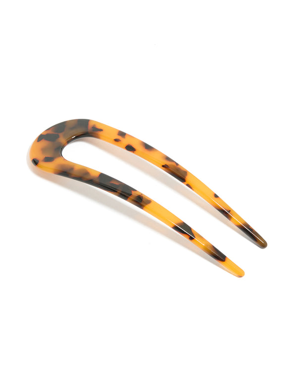 Featuring a tortoiseshell acrylic large basic hair pin with animal-leopard print in goldenrod, chocolate, and black front view