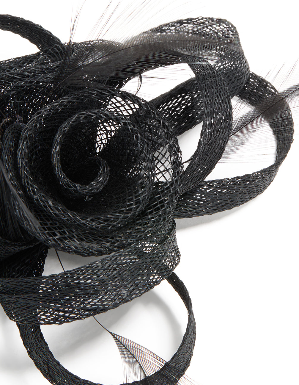 Black Sinamay Fabric  Swirl & Feather Hair Clip