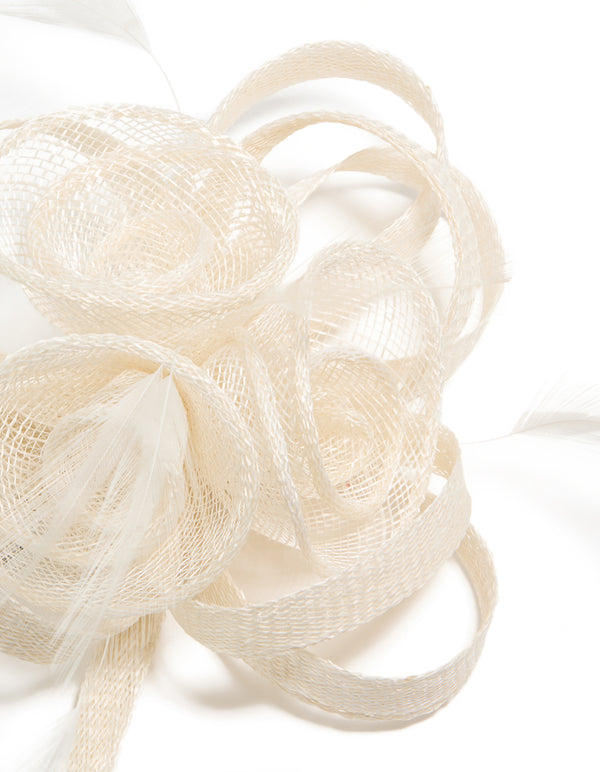 White Sinamay Fabric Feather Swirl Hair Clip