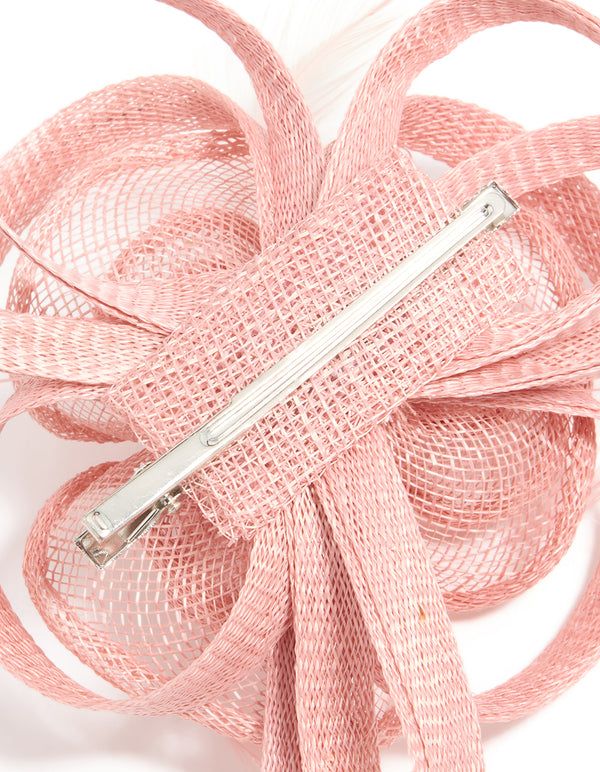 Pink Sinamay Fabric Swirl & Feather Hair Clip