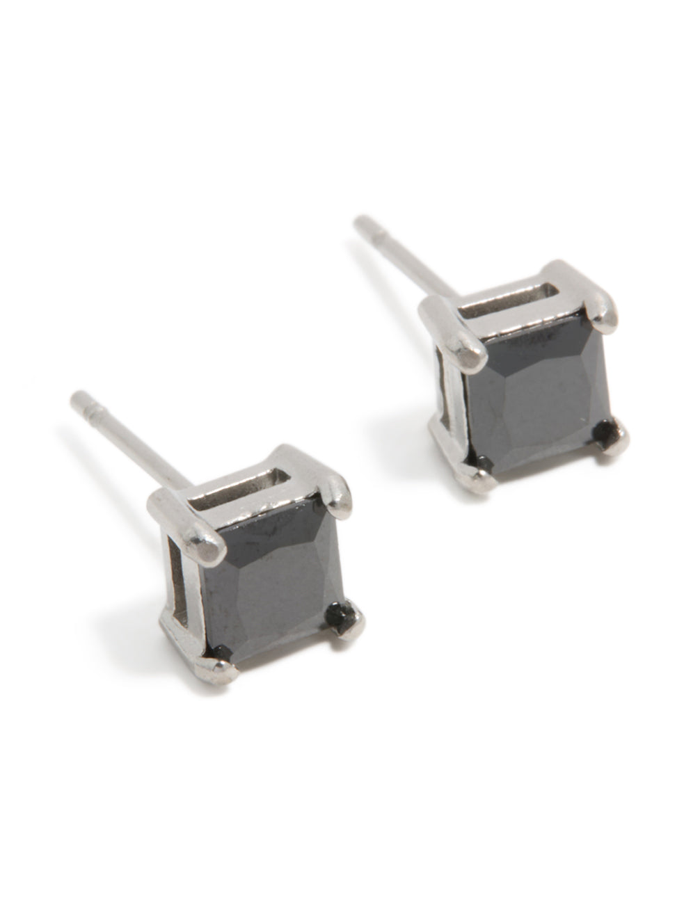 Crafted from waterproof stainless steel, these mens small square black cubic zirconia stud earrings feature a front view