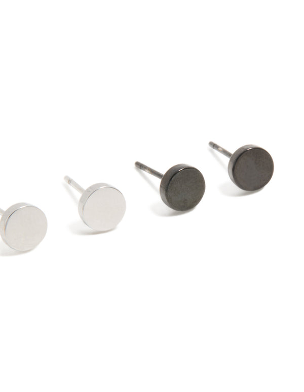 Mens Waterproof Mixed Plated Stainless Steel  Flat Stud Earrings 3-Pack