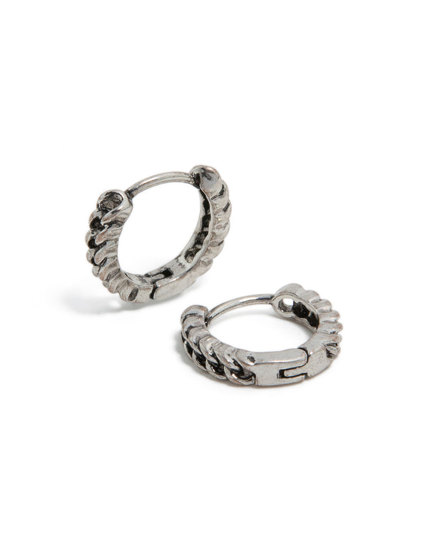 Mens Stainless Steel Chain Detail Huggie Earrings